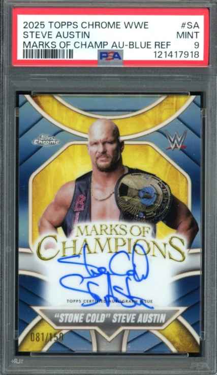 2025 TOPPS CHROME STEVE AUSTIN MARKS OF CHAMPS AUTO BLUE REFRACTOR 2025 Topps Chrome Steve Austin Marks of Champs Blue Autograph